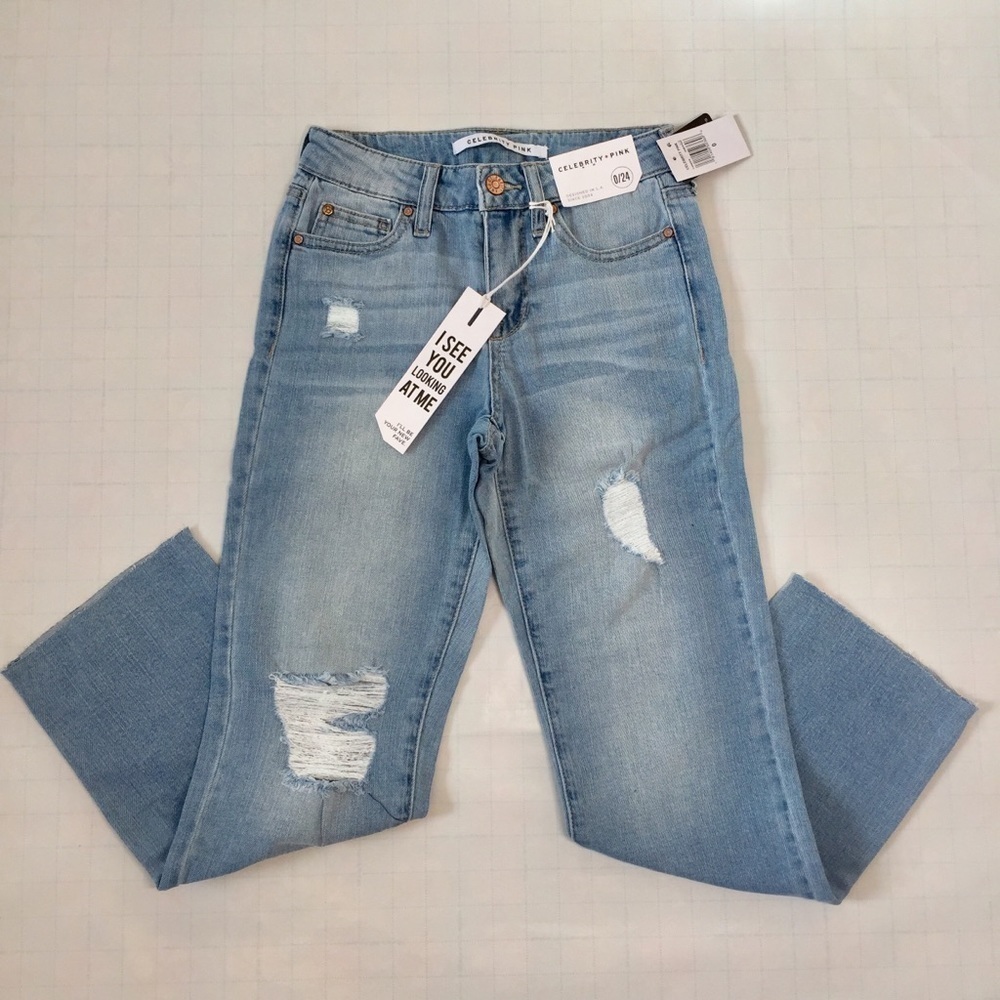 High Rise Distressed Slim Straight Leg Jeans 0/24 - Picture 2 of 8